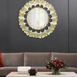 Aapno Rajasthan Gold-Toned Majestic Round Wall Mirror With Leaf Border-30