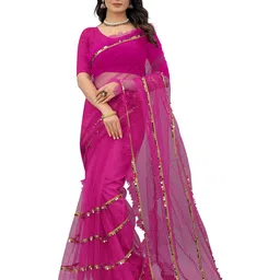 BARKIYA CREATION Sequinned Net Leheriya Saree With Ruffled Border-0