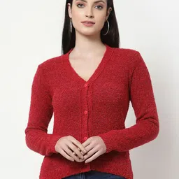 Club York Women Red Self Design Cardigan Sweater-image-98
