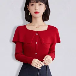 JC Collection Women Cherry Red Ribbed Cardigan-image-33