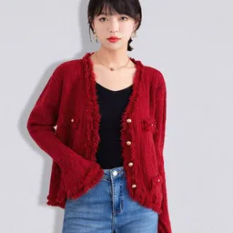 JC Collection Women Red Ribbed Cardigan with Fuzzy Detail-image-93