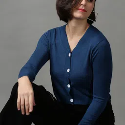 SHOWOFF Women Teal Blue Crop  V-Neck Wool Cardigan-image-9