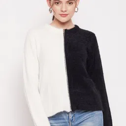 Madame Women Black & White Colourblocked Front Open Sweater-picture-3