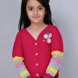 JoE Hazel Girls Self Designed V-Neck Acrylic Cardigan-image-93