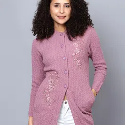 BROOWL Floral Embroidered Woollen Longline Cardigan Sweater-image-26