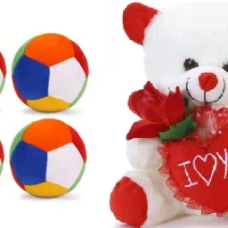 Best Quality Soft White Heart Teddy and Soft Balls(4pc) for your kids.- 25 cm-15