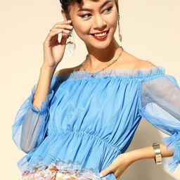 BAESD Off-Shoulder Puff Sleeves Smocking Detail Net Bardot Top-image-37