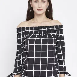Zastraa Checked Off-Shoulder Bardot Top-11