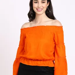 ELEVANTO Orange Solid Off-Shoulder Bardot Top-20