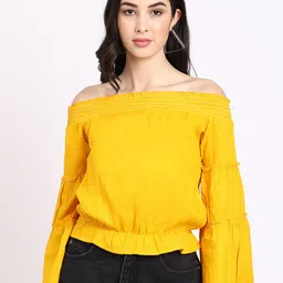 ELEVANTO Yellow Off-Shoulder Bardot Top-image-6