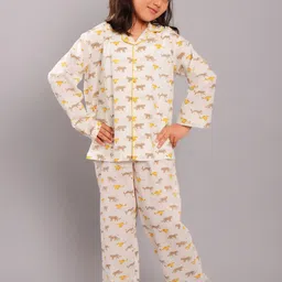 My Little Lambs Girls Beige & Yellow Printed Pure Cotton Night suit-image-87