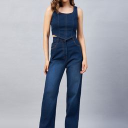 Chemistry Shoulder Strap Denim Top With Slit Flared Jeans Co-Ords-image-58