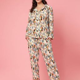 plusS Beige & Yellow Abstract Printed Lapel Collar Shirt & Trouser-20