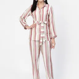 YELLOW CLOUD Striped Shirt Collar Top with Trousers-49
