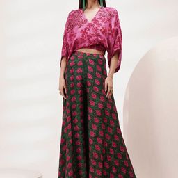 Breathe by Aakanksha Singh Floral Printed V-Collar Bat Sleeves Crop Top With Palazzos-picture-22