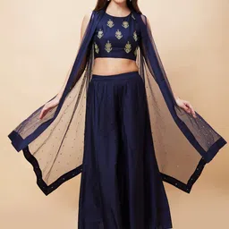 Globus Embroidered Ethnic Crop Top With Longline Shrug & Palazzos-image-61