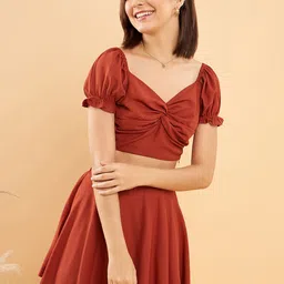 KASSUALLY Rust Red Front Knot Top With Mini Skirt-image-10