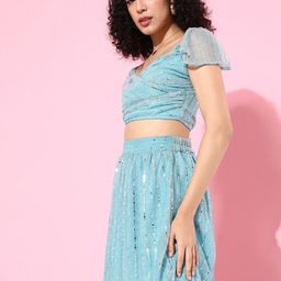 Sera Women Blue & Silver Sequinned Wrap Crop Top & Skirt-image-61