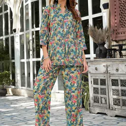 Yufta Floral Printed Mandarin Collar Top With Trousers-image-11