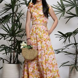 Sera Printed Boat Neck Sleeveless Top With Skirt Co-Ords-34