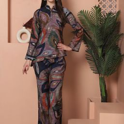 Claura Purple Printed Mandarin Collar Top With Flared Palazzos-picture-10