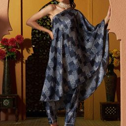 Shae by SASSAFRAS Printed One Shoulder Kaftan Kurta and Trouser-17