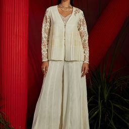 Shreeka Embroidered V-Neck Georgette And Habutai Silk Top And Jacket With Trousers-picture-33
