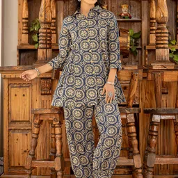 Yufta Ethnic Motifs Printed Shirt Collar Pure Cotton Top And Trouser-image-41