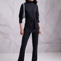 Tokyo Talkies Navy Blue High Neck Longline Top With Trouser & Belt-image-86