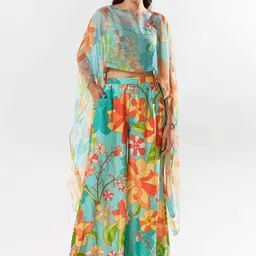 AROOP INDIA Printed Top With Chiffon Cap & Flared Palazzo Co-Ords Set-image-25
