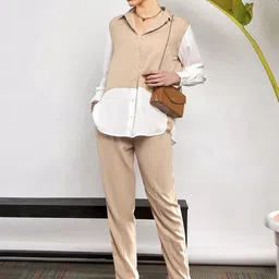 SASSAFRAS Beige & White Colorblocked Shirt & Darted Trousers Co-ords-image-96