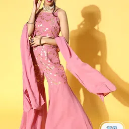 AKS Couture Floral Foil Printed Ethnic Crop Top & Palazzo & Dupatta-picture-34