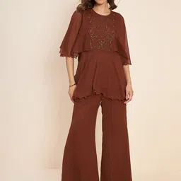 Antheaa Brown Embellished Tunic With Trousers Co-Ords-image-4