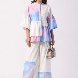 Zolo Label Dyed Mandarin Collar Bell Sleeves Pure Cotton Tunic & Trouser Co-Ords-picture-3
