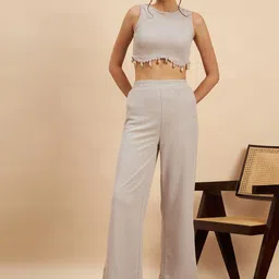 KASSUALLY Grey Ribbed Round Neck Sleeveless Crop Top With Trousers-49