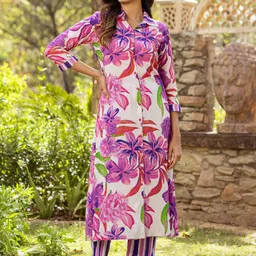 Ambraee Floral Printed Shirt Collar Tunic With Flared Trousers-picture-32