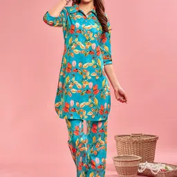 Anouk Turquoise Blue Floral Printed Tunic With Trouser-picture-0