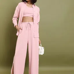 Tokyo Talkies Pink V Neck Shoulder Straps Top & Oversized Shirt With Trouser-28