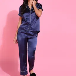 DressBerry Navy Blue Lapel Collar Night Suit-picture-11