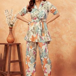 PEACH PIPER Floral Printed Shirt Collar Top With Trousers-picture-56