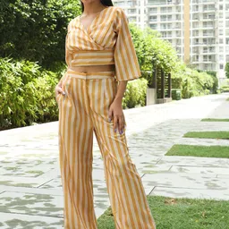 AKS Couture Striped V-Neck Linen Top With Palazzos-picture-16