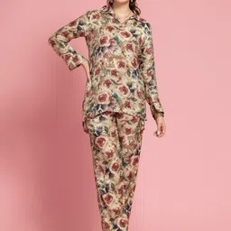 OCTICS Floral Printed Shirt Collar Cuffed Sleeve Top With Trousers-picture-13