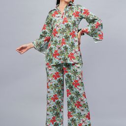 WineRed Floral Printed Pure Cotton Top & Palazzos-image-78
