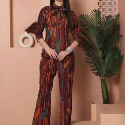 Claura Burgundy Abstract Printed Shirt Collar Neck Top & Flared Trouser-picture-2