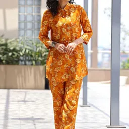 Libas Floral Printed Shirt Collar Three-Quarter Sleeves Tunic ,Trousers-image-72