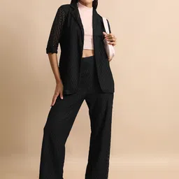 Tokyo Talkies Self Design Lace-Inset Detail Notched Lapel Collar Blazer With Trousers-3
