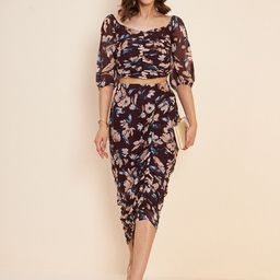 Antheaa Brown Rounched Floral Printed Square Neck Puff Sleeve Co-Ords-picture-47