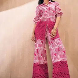Pink Paprika by SASSAFRAS Abstract Printed Pure Cotton Schiffli Shirt With Trouser-15