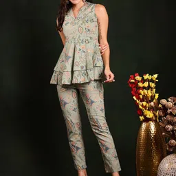 Claura Green Floral Printed V-Neck Pure Cotton Top With Trouser-picture-27