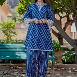 Yufta Ethnic Motifs Printed Cotton Top Harem Pant Co-Ord Set-image-43